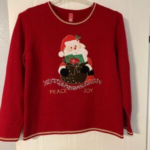 CHRISTMAS SWEATER Santa Peace & Joy Red Sequined Size Medium 8-10